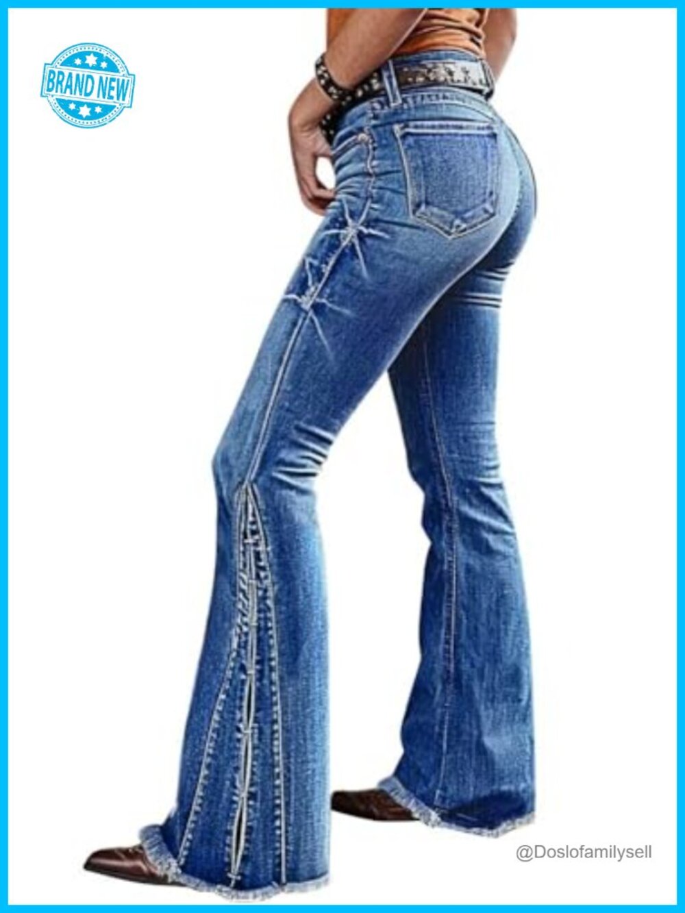 Flamingals Women's Flare Leg Mid Rise Raw Hem Stretch Denim Jeans